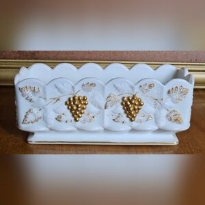 Westmoreland Paneled Grape Planter Milk Glass Gold Overlay WG Mark on Bottom